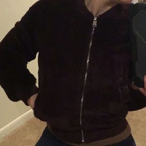 Fluffy Maroon Jacket w/ Zipper Front